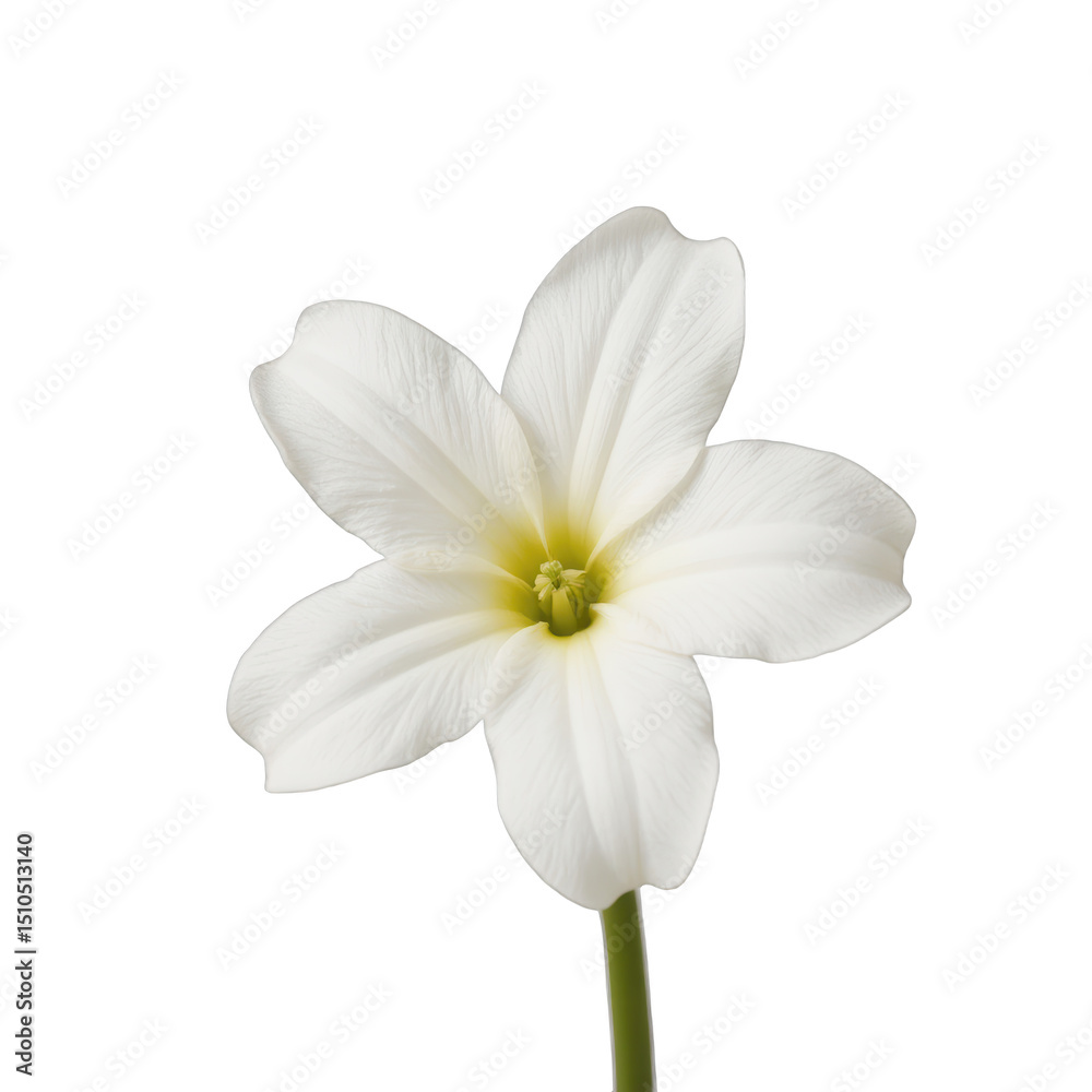 Fototapeta premium Delicate white flower against a plain background, showcasing intricate petals and vibrant green stem, perfect for design projects. Isolated on white background or PNG