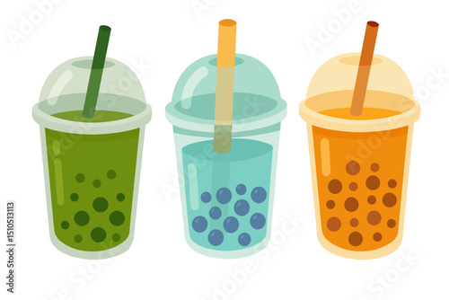 Colorful flat cartoon set of boba tea drinks with different flavors in plastic takeaway cups.