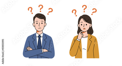 Confused man and woman with question marks above their heads  