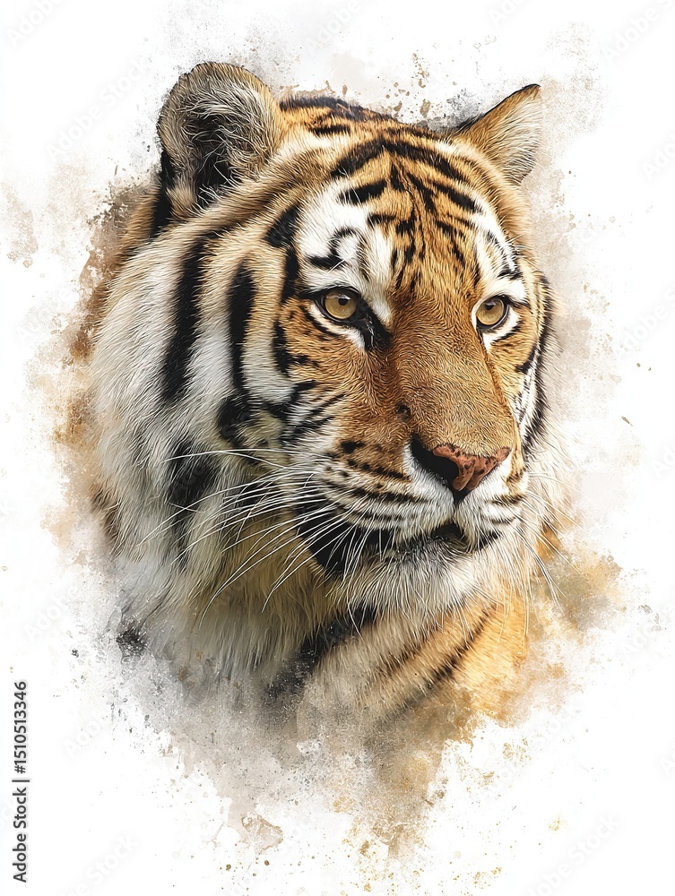 Fototapeta premium Hyper-realistic portrait of a Siberian tiger with vibrant watercolor splashes showing dynamic contrasts and bold colors, symbolizing wildlife conservation and saving endangered species.