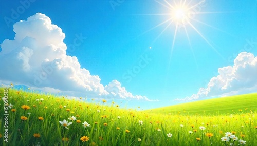 A vibrant sunny day, carefree clouds drift across a clear blue sky, sunbeams dappling the landscape Perfect for summer, vacation, and travel themes , majestic, optimistic, tranquility