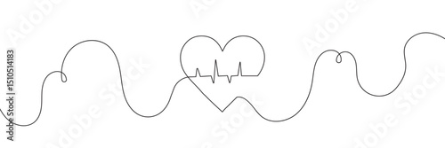 Continuous line drawing of heart with heartbeat. Pulse trace. Cardiogram icon. One line drawing. Single line art. Vector illustration.