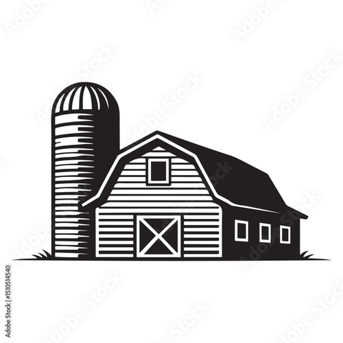 Prairie barn house with grain storage silo line art vector icon for farm apps and websites. Vector black silhouette. with white background