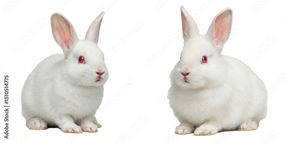 Fototapeta premium Two fluffy white rabbits sitting side by side, playful pets with long ears, perfect for animal-themed content or decoration. Isolated on white background or PNG