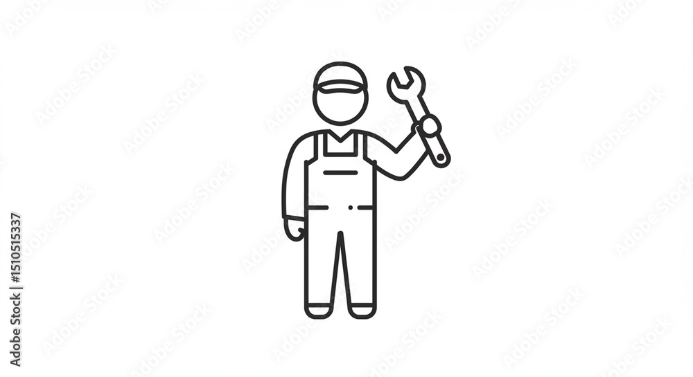 Obraz premium Mechanic icon holds wrench in white backdrop industrial outline