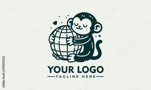 Illustrated monkey holding planet Earth gently with closed eyes and peaceful emotion. Environmental care concept

