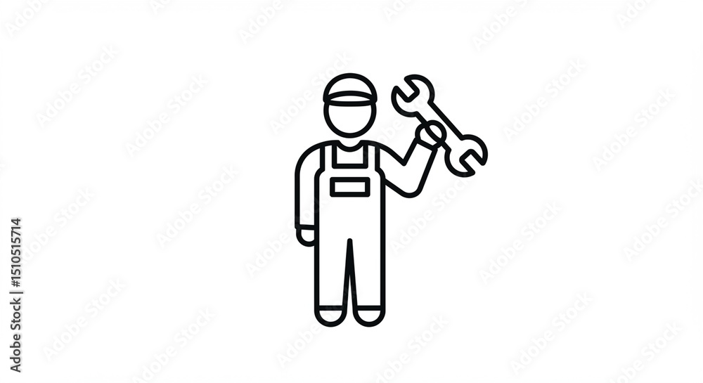 Fototapeta premium Repairman icon holds wrench tool standing minimalist drawing service professional design