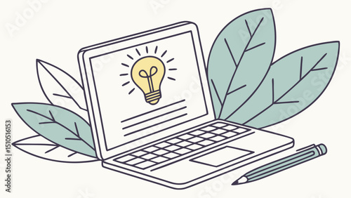 Laptop with lightbulb idea on screen surrounded by leaves