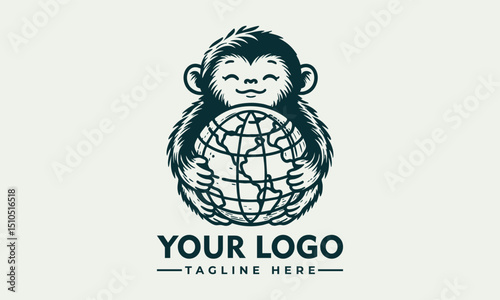 Illustrated monkey holding planet Earth gently with closed eyes and peaceful emotion. Environmental care concept
