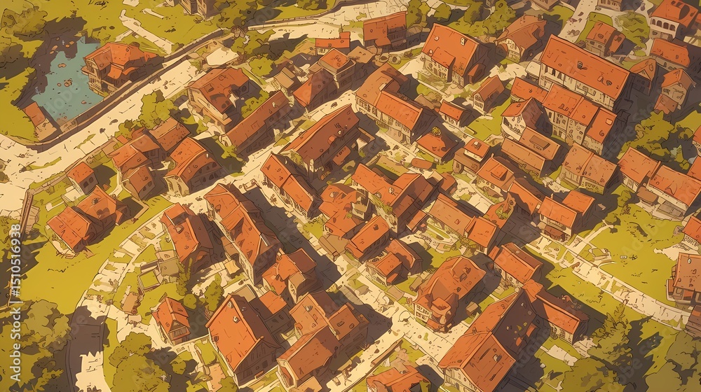 Obraz premium Fantasy city landscape, red roof buildings, architecture, roads, water, digital painting.