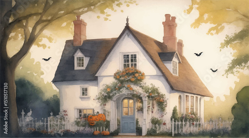 Watercolor painting of English style house or cottage decorate with pumpkins for Halloween night