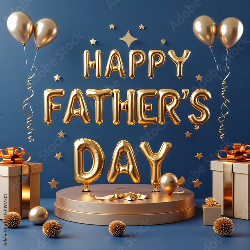 3D rendered Father's Day typography in metallic gold with balloon and gift box background, wallpaper layout 