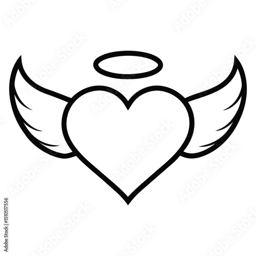 Minimalist Black & White Heart with Angel Wings and Halo Tattoo Design