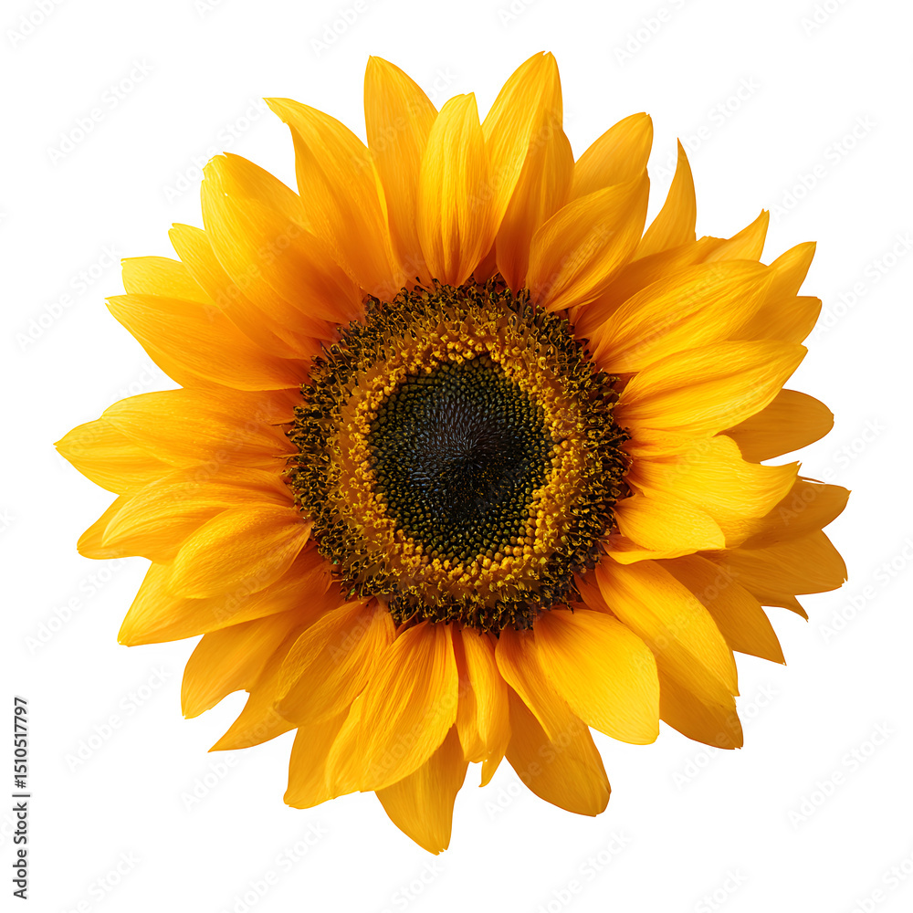 Fototapeta premium Single sunflower, centered, vibrant yellow, 4K, pure white background