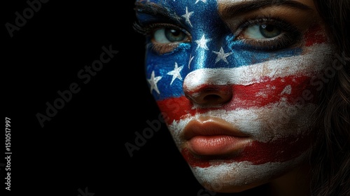 American Flag Face Paint  Patriotic Woman  Closeup Portrait photo