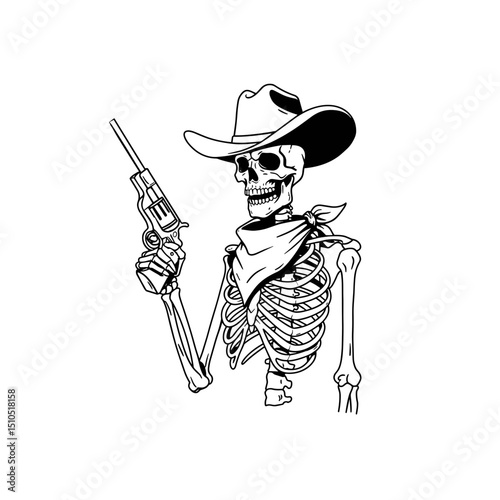 Skeleton cowboy holding revolver in western attire  