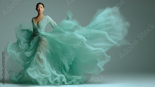 Mint Green Flowing Gown Model in Motion, Luxury Fashion Advertising and Digital Design Material, Fluid Simulation with Light Rendering
 photo