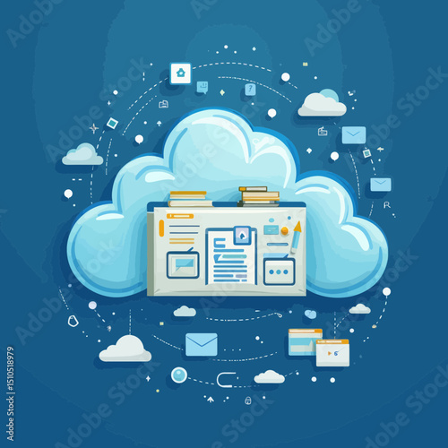 Cloud Computing Concept Blue Cloud With Documents And Icons On Dark Blue
