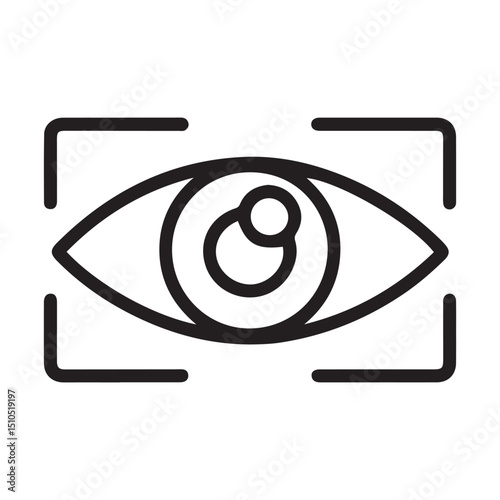 Eye retina scan or optometry eye exam thin line art vector icon for apps and websites, Vector black silhouette. with white background