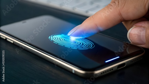 Fingerprint Security: A close-up shot showcasing the modern concept of biometric authentication with a finger actively scanning the fingerprint sensor on a smartphone screen.