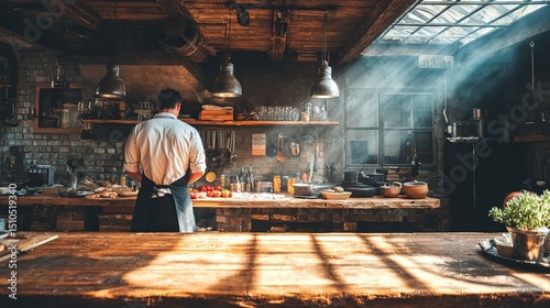 Retro Industrial Kitchen Chef Cooking Scene, Restaurant Advertising and Interior Design Material, Light Shadow Layers with Contrast Rendering
 photo