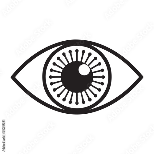 Eye retina scan or optometry eye exam thin line art vector icon for apps and websites, Vector black silhouette. with white background
