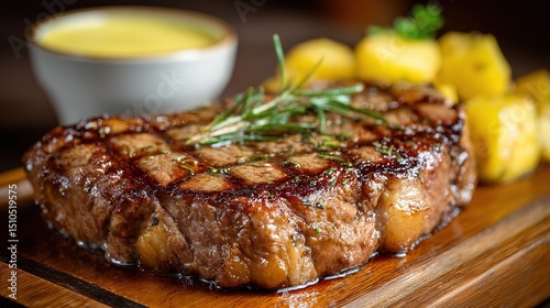 Seared Steak with Golden Potatoes and Sauce, Western Cuisine Promotion and Menu Design Material, Macro Texture with Light and Shadow Rendering photo