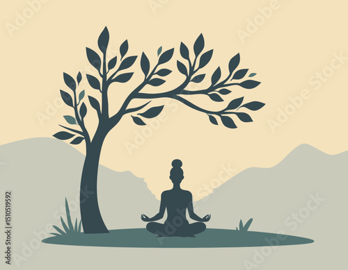 Person Meditating Underneath Tree in Mountains