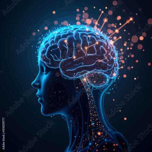 Profile View Of A Person's Head With A Glowing Neural Network Brain, Blue And