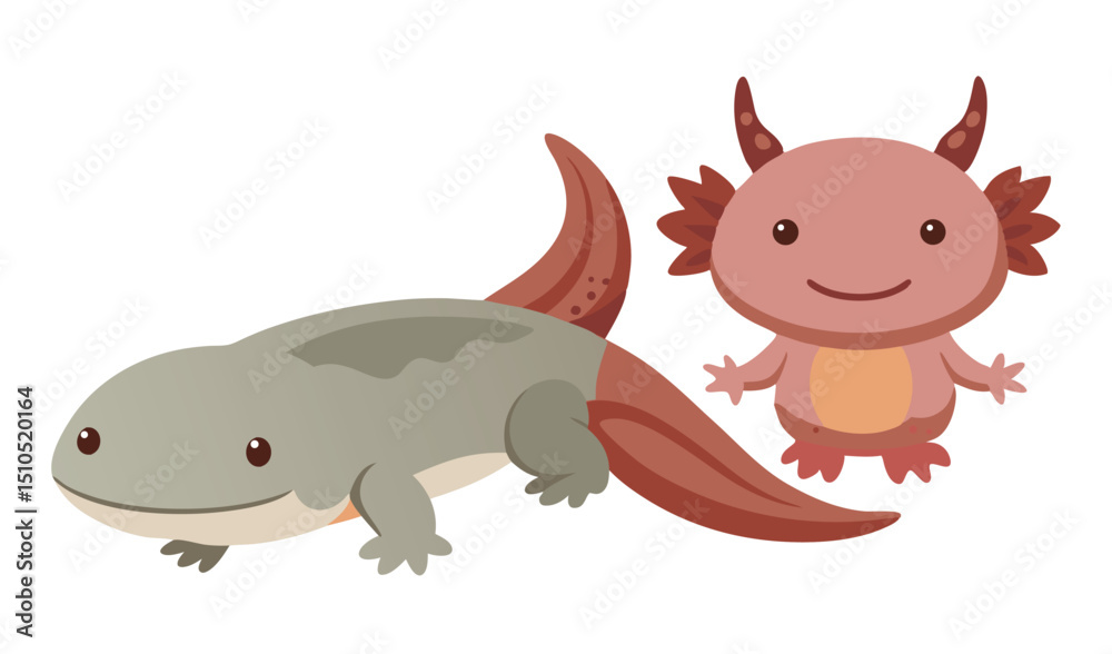 Fototapeta premium Two Cute Cartoon Axolotls One Grey and One Pink, Isolated Illustration Style