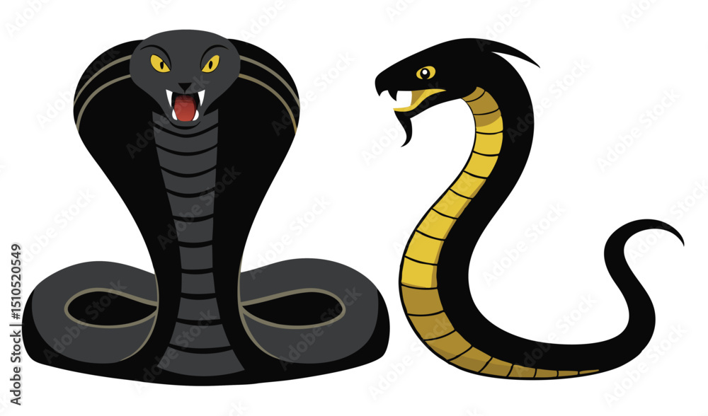 Fototapeta premium Cartoon Illustration of Two Stylized Black Snakes A Cobra and a Striped Serpent
