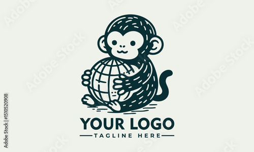 Illustrated monkey holding planet Earth gently with closed eyes and peaceful emotion. Environmental care concept
