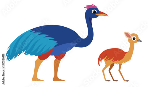 Cartoon of Cassowary and Chick with Bright Plumage, Standing on White Background