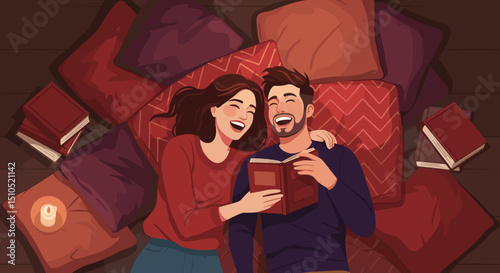 Couple laughing while reading books on cozy blankets at home, for blogs about love, everyday life and relationships, gift shops, about spending time together