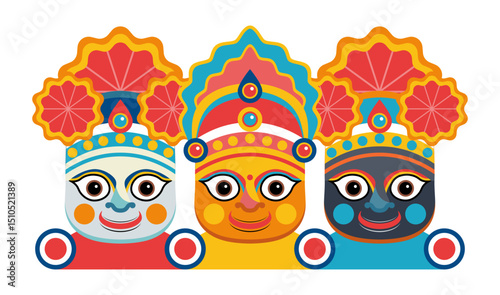 Happy Rath Yatra holiday background celebration. Lord Jagannath, Balabhadra and Subhdra. Flat print t-shirt design