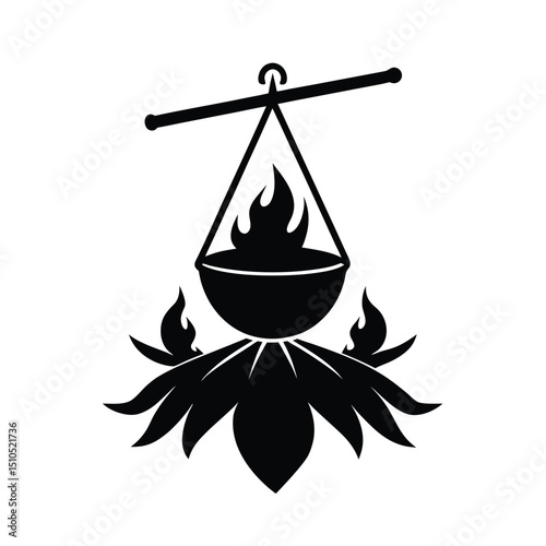 Bonfire with pot hanging over flames vector silhouette