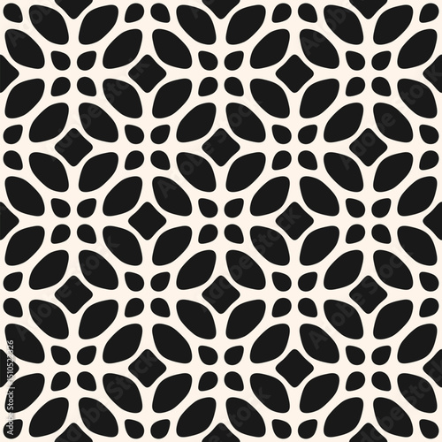 Vector black and white floral ornament. Abstract geometric seamless pattern with flower silhouettes, leaves. Simple monochrome background in oriental style. Endless ornamental texture. Repeated design