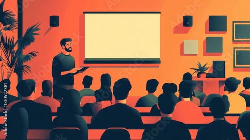 A man gives a presentation to a group of people in a room with an orange wall.