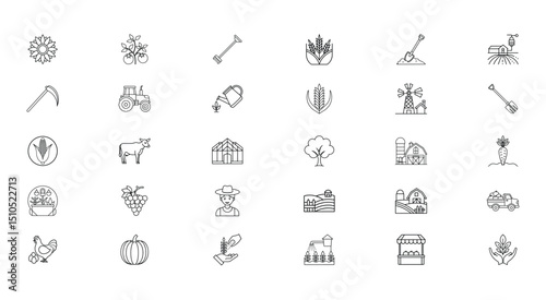 Illustration 30 agriculturerelated linear icons arranged in rows and columns showcasing farming elements