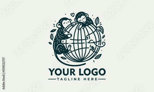 Illustrated monkey holding planet Earth gently with closed eyes and peaceful emotion. Environmental care concept
