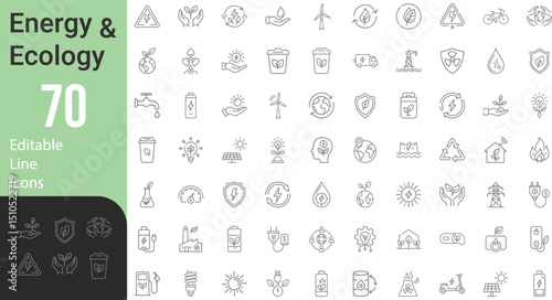 Collection Of Modern Editable Thin Line Style Of Energy And Ecology Icons Set Related Protection, Planet Care, Natural Recycling Power, Pictograms And Infographics On An Isolated Background