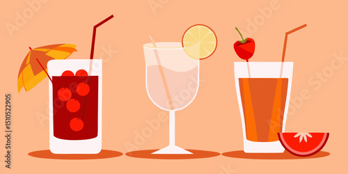 Colorful cocktail illustration featuring three distinct drinks with garnishes, showcasing vibrant colors and playful elements, perfect for summer-themed designs and beverage promotions