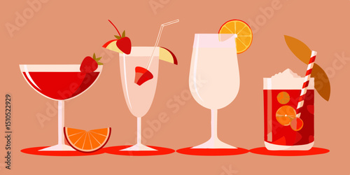 Colorful flat illustration of four distinct cocktails arranged on a warm background, showcasing vibrant garnishes and unique glassware, perfect for summer-themed designs and promotions