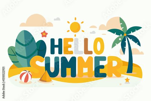 Colorful summer-themed illustration featuring vibrant text saying "Hello Summer," surrounded by tropical elements like palm trees, sun, and playful beach items, evoking a cheerful atmosphere