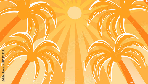 Vibrant tropical landscape illustration featuring palm trees against a bright sunburst background, creating a warm and inviting atmosphere for summer-themed designs and projects