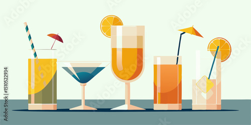 Colorful illustration of various refreshing cocktails displayed on a table, featuring garnishes like citrus slices and umbrellas, evoking a vibrant summer atmosphere with copy space