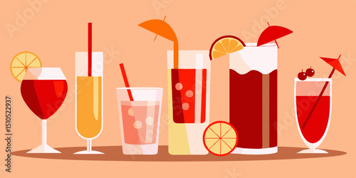 Colorful flat illustration of various refreshing cocktails and drinks arranged on a light background, showcasing vibrant garnishes and unique glassware for summer enjoyment