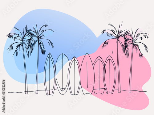 Minimalist line art illustration featuring palm trees and surfboards against a colorful abstract background, capturing a tropical beach vibe and summer leisure atmosphere