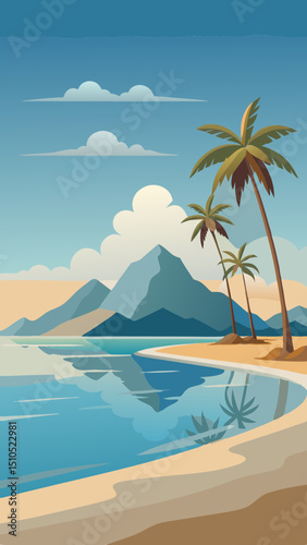 Tropical beach scene featuring palm trees, serene water, and distant mountains under a bright blue sky, creating a peaceful and inviting atmosphere for relaxation and escape