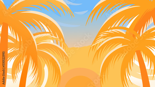 Vibrant tropical landscape featuring palm trees silhouetted against a colorful sunset sky, creating a serene atmosphere perfect for relaxation and vacation themes
